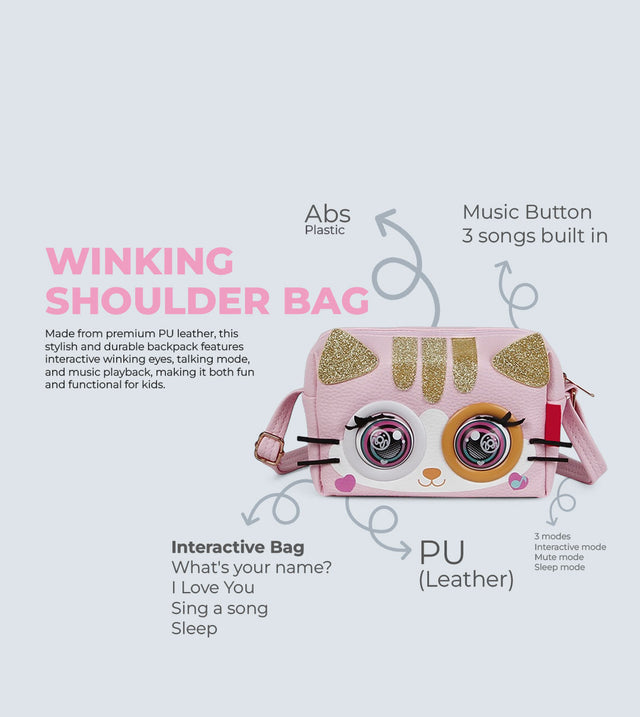 Winking Elf Shoulder Bag - Pink Cat | Interactive Winking Eyes, Talking Mode & Music Playback | TYKLE