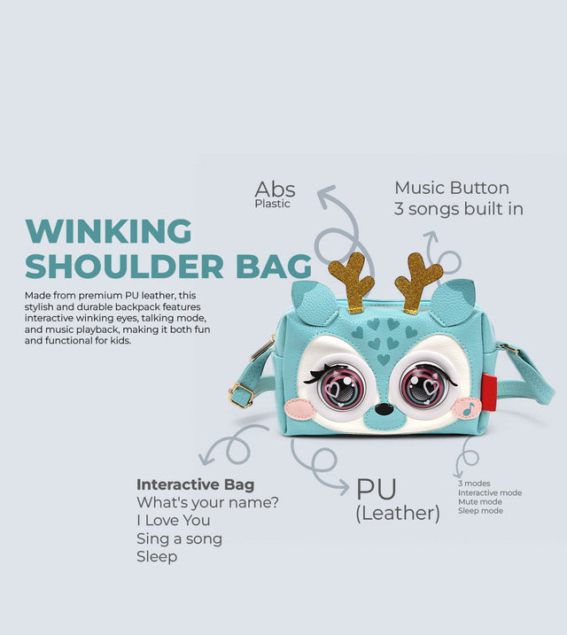 Winking Elf Shoulder Bag - Deer | Interactive Winking Eyes, Talking Mode & Music Playback | TYKLE
